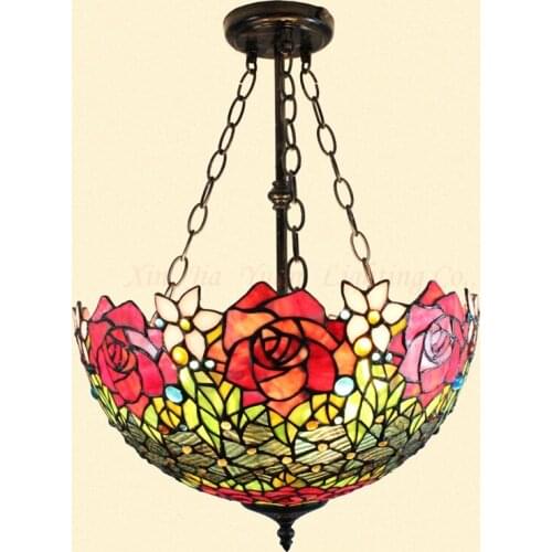 40CM European Rose Tiffany Pendant light bar bedroom Cafe stained glass Chain Pendant lights for Home Parlor Dining Room