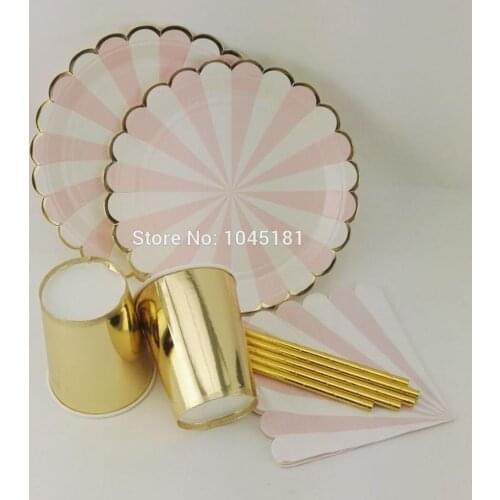 Ipalmay Gold Paper Beverage Napkins Cups Straws Pink Striped Party Dinner Plates Boys/Grils Shower Decor Goil Foil Tableware