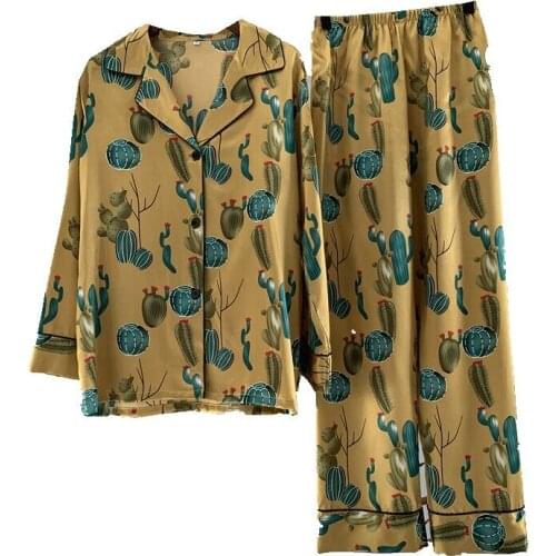 2020 Women Pajamas Sets Printing Satin Sleepwear Slik 2 Pieces Nightwear Pyjama Long Sleeve & Pants Suit Pyjama Femme New Autumn
