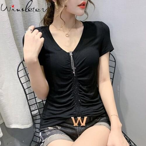 Summer Korean Clothes T-Shirt Sexy Fashion Off Shoulder Diamonds Skew Collar Women Tops Slim Ruffles All Match Tees New T13702A