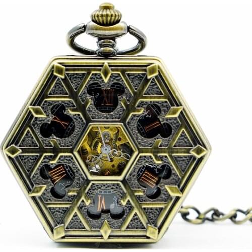 Fashion Hexagon Shape Carving Roman Numerals Skeleton Watch Creative Snowflake Hand Winding Mechanical Pocket Watch PJX1268
