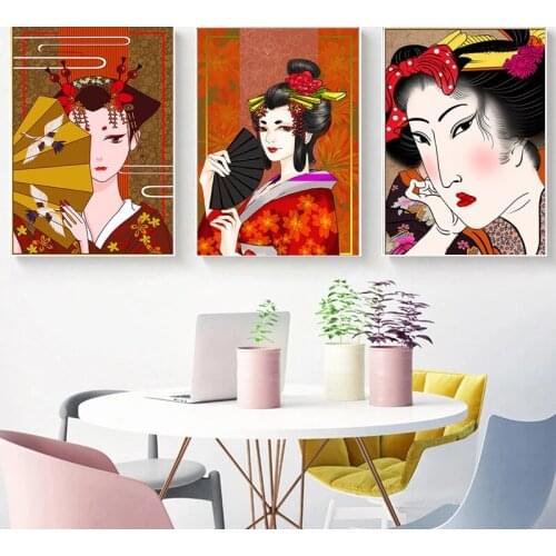 Wall Art Pictures Living Room Decoration Cuadros Hot Japanese Kimono Japanese Geisha Beaut Woman Canvas Painting Poster Prints