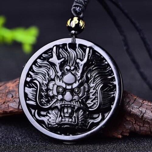 Natural Black Obsidian Dragon Head Pendant Necklace Beads Fashion Charm Jewelry Chinese Hand-Carved Amulet Men Women Lucky Gifts