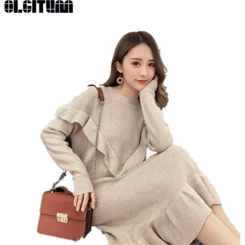 New 2020 Autumn and Winter Knitted Dress Chic Lazy Sweet Style Dress Long Loose Ruffled Women Sweater