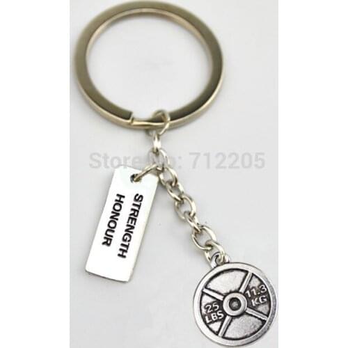 New Arrival 10pcs Vintage Circle 25LBS 11.3KG Weight Plate and Strength Honour Fitness weightlifting Gym Key chain