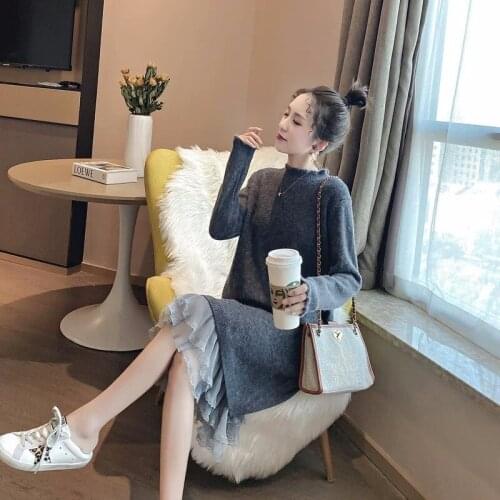 Stitching mesh sweater skirt womens pullover loose long over-the-knee bottoming sweater 2021 new autumn and winter dress