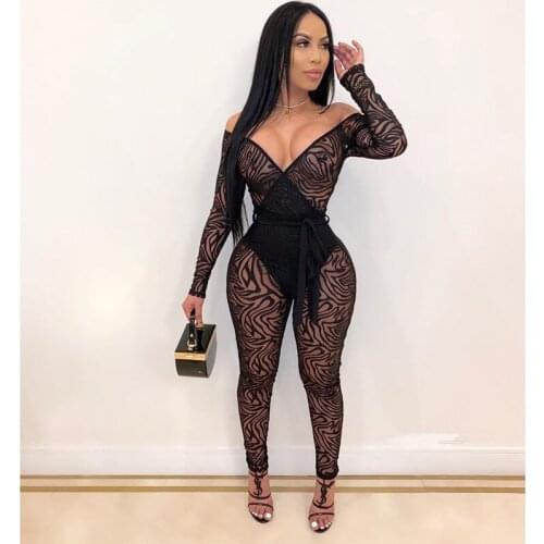 Mesh Patchwork Jumpsuit Wrap V Neck Off Shoulder Long Sleeve Skinny Romper Night Club Overalls Outfits