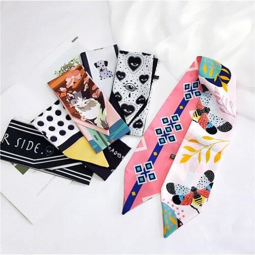 9X86CM Small long imitated silk scarf for ladies chiffon fashion double printed bag ribbons head band tie hair scarf neckerchief