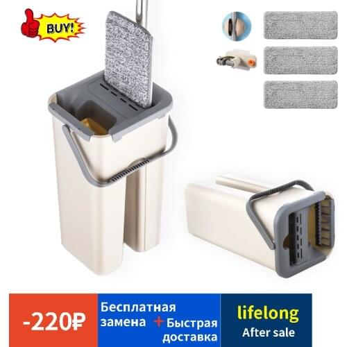 360 Rotating Flat Squeeze Mop and Bucket Hand Free Wringing Floor Cleaning Mop Microfiber Mop Pads Wet or Dry Usage Home Kitchen