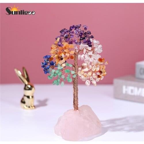 Sunligoo Reiki Healing Crystal Tree Ornaments Natural Rose Quartz Bases Gemstone Chakra Amethyst Money Tree Feng Shui Home Decor