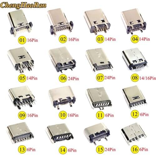 USB Connector Type C 6/14/16/24pin Female USB 3.1 Vertical through Hole for charger adapter DIY Charging case Data Transceiver