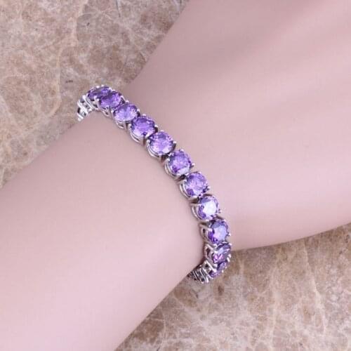 Impressive Purple Cubic Zirconia Silver Plated Link Chain Bracelet 7 inch S0272