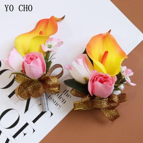 YO CHO Unique Supply Silk Rose Wrist Flower Artificial Calla Wedding Bridal Brooch Man Decor Boutoniere for Party Prom