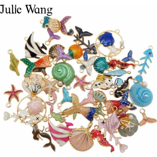 Julie Wang 10PCS Enamel Marine Organism Charms Alloy Random Mixed Mermaid Shell Fish Necklace Bracelet Jewelry Making Accessory