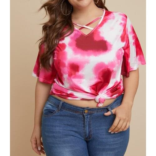 Plus Size T Shirt Women 2020 Fashion Summer Cross V Neck Short Sleeve Printing Casual Blouse Loose Ladies Tunic Tops