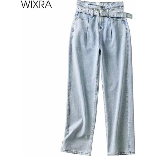 Wixra Women Denim Pants With Belts High Waist Trendy Cotton Loose Jeans Long Trousers Autumn Spring New Fashion Bottoms