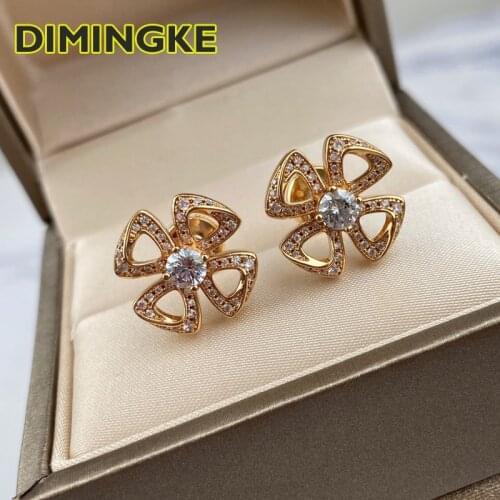 DIMINGKE Four Leaf Clover Diamond Earrings 100%-S925 Sterling Silver Fashion Female Jewelry Party Birthday Gift