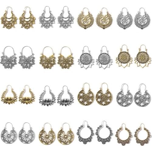 Docona Vintage Hollow Out Flower Drop Earring for Women Gothic Metal Alloy Ethnic Floral Dangle Earrings Female Party Jewelry