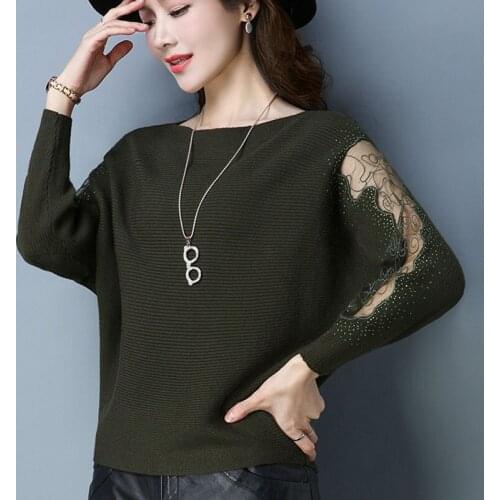 2020 Spring Knitted Women Pullover Tops With Lace Casual Batwing O-neck Female Pull Jumpers Ladies Pullovers Sweaters Femme