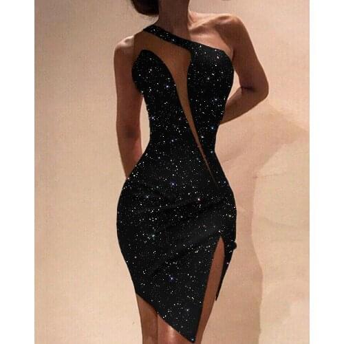 Women Shiny Glitter Dress Cut Out Sleeveless Side Slit One Shoulder Irregular Hollow Out Bodycon Dress