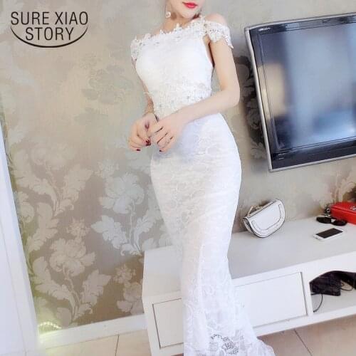 Summer Lace Long Dress for Women Elegant 2021 White Wedding Party Dress Slash Neck Trumpet Ladies Bodycon Dress Vestidos 9401