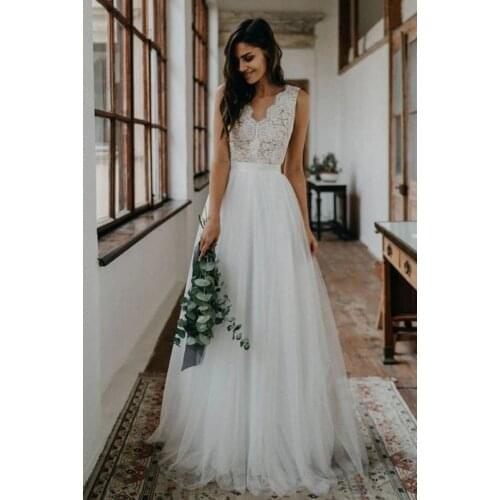 2021 V-Neck Sleeveless Backless Floor Length Lace A-Line robe de mariee Wedding Dress vestido novia Robe De Soiree