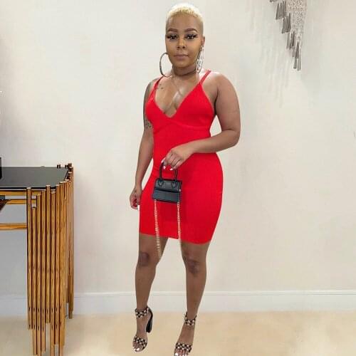 Casual Spaghetti Strap Sleeveless Knitted Dress Women Sexy Deep V Neck Backless Sheath Dress Elegant Solid Female Pencil Dress