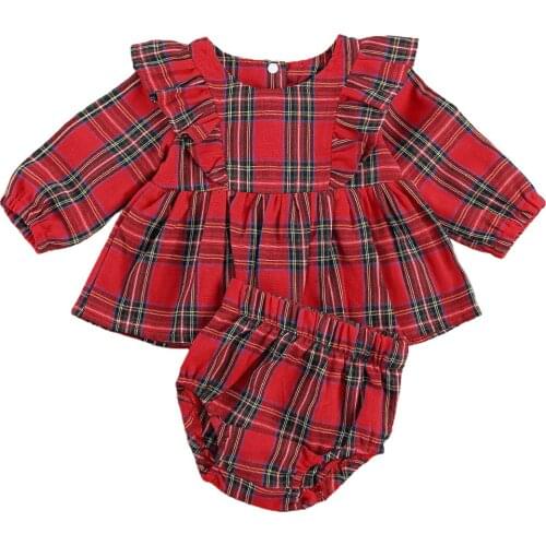 2020 Toddler Baby Girls 2 Pcs Christmas Outfits Red Plaid Long Sleeve Ruffle Blouse + Short Bottoms Clothes Sets For 0-24M Baby