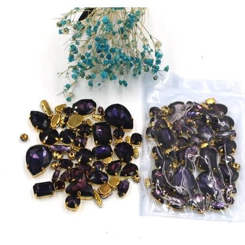 50pcs/bag Clothing accessories mixed shape Deep purple glass crystal sewing rhinestones with gold base for dress/garment/shoes