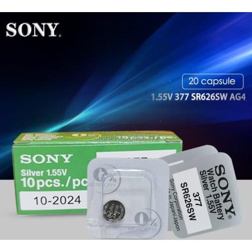 20PCS FOR SONY Watch Battery 1.55V AG4 377A 377 LR626 SR626SW SR66 Button Cell Batteries Single grain packing MADE IN JAPAN
