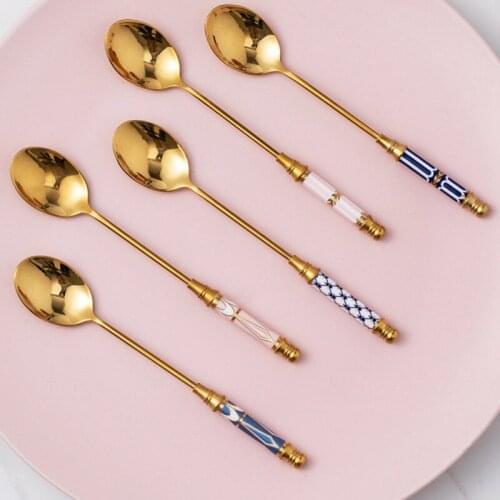 Dessert Spoon Gold-plated Stainless Steel Coffee Milk Spoon With Ceramic Long Handle Ice Cream Fruit Stirring Spoons