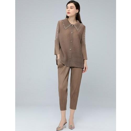 HOT SELLING MIiyake Fashion fold solid Beading coat single breasted turndown collar Flared sleeves coat IN STOCK
