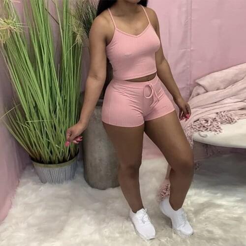 Sexy Solid Two Piece Short Set Summer Clothes for Women Spaghetti Strap Backless Crop Top Drawstring Biker Short Female Outfits