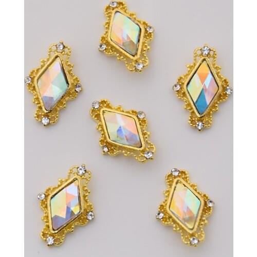 100pc/lot Nail Art Crystal Charm Strass Rhombus/Heart-shape Jewelry Clear/AB/Red/Purple Nails Crystals Metallic Gold Alloy Decor