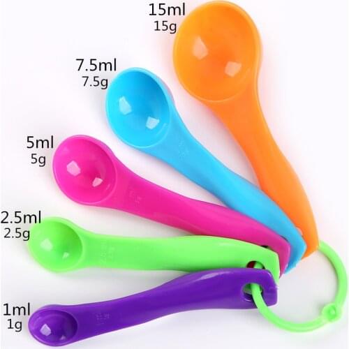 5PC Candy Color Kitchen Plastic Measuring Spoon Cake Baking Utensil Set Kit 1ml 2.5ml 5ml 7.5ml 15ml Coffee Milk Measure Spoon