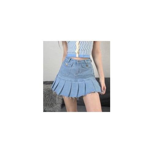 Hot-Selling Women Summer Korean Version Of Frayed Denim Skirt Fashionable High-Waist Frayed A-Line Denim Pleated Skirt