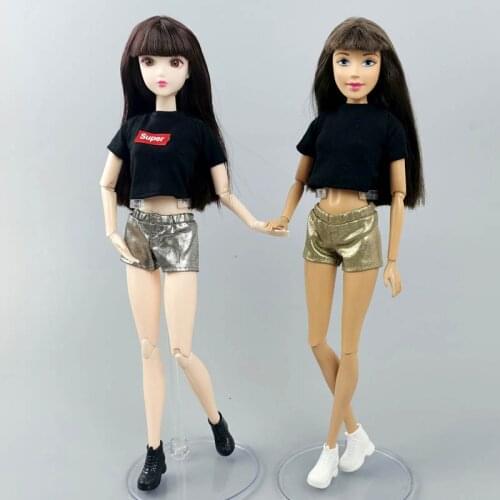 Fashion Doll Clothes For Barbie Doll Outfits Black Short Top T-Shirt Leather Shorts For Blyth Licca Doll Accessories