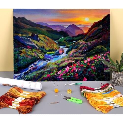 Landscape Stream Printed 11CT Cross-Stitch Embroidery Set DMC Threads Painting Handiwork Handmade Sewing Counted For Design