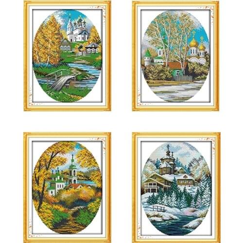Joy Sunday Four Seasons In Coast Cross Stitch Kits 11CT 14CT DIY Embroidery Needlework Sets for Sitting Room Decor Handmade Kits