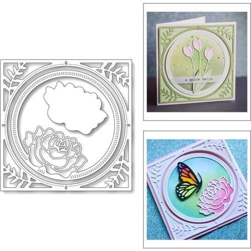2020 New Square Frame Round Shape Background Embossing Peony Layered Metal Cutting Dies For Scrapbooking Greeting Card Making