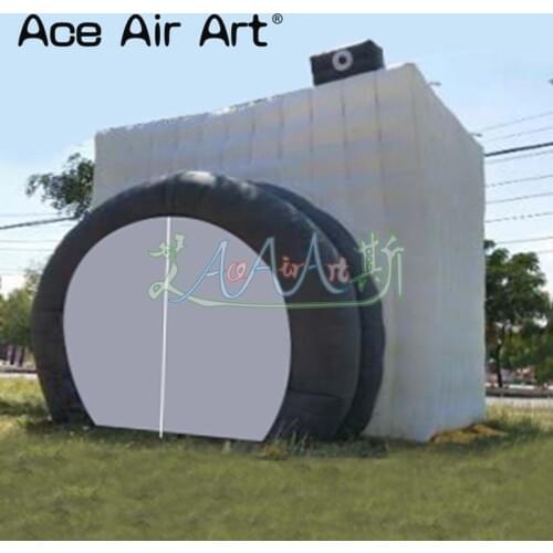 Novelty camera shaped inflatable photo booth enclosure with black lens doors and zipper curtains,free props for Exhibition