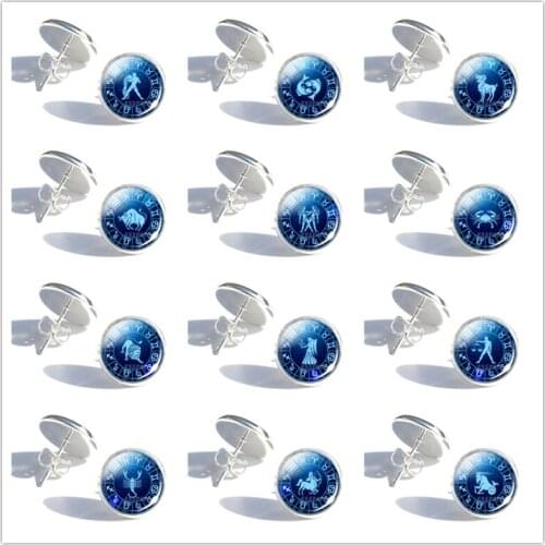 New Polish 12 Constellation Earrings Glass Cabochon Pendant Zodiac Sign Stud Earrings Jewelry Gifts for Women Girls