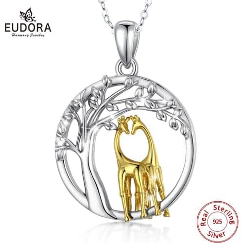 EUDORA 925 Sterling Silver Golden Noble Giraffe couple & Tree of life Pendant Necklace Animal Pendant Fashion party Jewelry D580