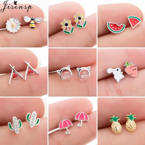 Real Pure 925 Sterling Silver Stud Earring for Women Korean Pearl Cat Ear Studs Asymmetric Daisy Flower Earings Kids Girl Gift