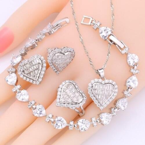 Heart Shape White Topaz Jewelry Sets for Women Bracelet Stud Earrings Rings Necklace Pendant Gift Box