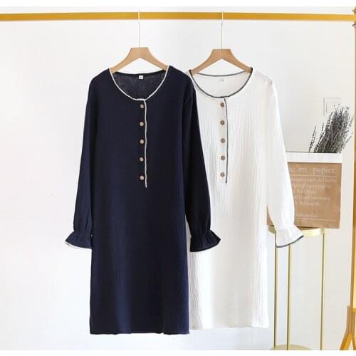 Cotton Gauze Nightdress Womens 2021 New Spring Summer Long Sleeve Nightgown Round Neck Soft Home Clothes Nightwear Sleepwear