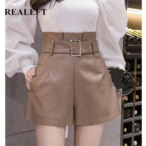 REALEFT 2021 New Winter PU Leather Shorts Autumn Fashionable Casual High Slim Waist Wide Leg Pockets Elegant Trousers Female
