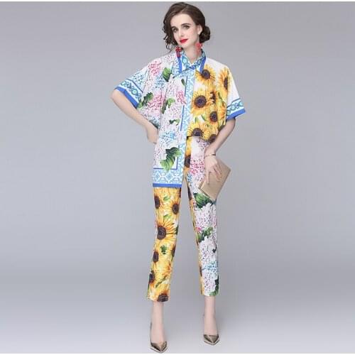 2021 Summer Womens Sunflower Print Pants Suits Short sleeve Single-Breasted Loose Shirts + Pocket Pencil Pants Two Pieces Set