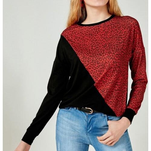 Women Leopard Pullover Red Grey Blue Splice Contrast color Tops Casual O neck Long Sleeve Loose Tee Clothing