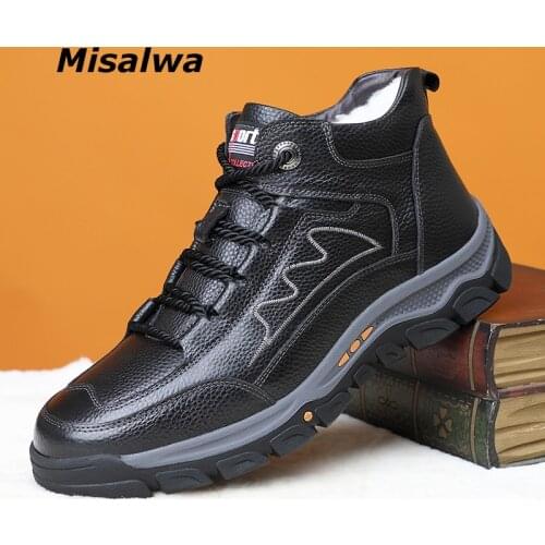 Misalwa Winter Wool Lining Snow Men Boots Warm Outdoor Casual Sneakers Mens Genuine Leather Russia Style Black Basic Shoes
